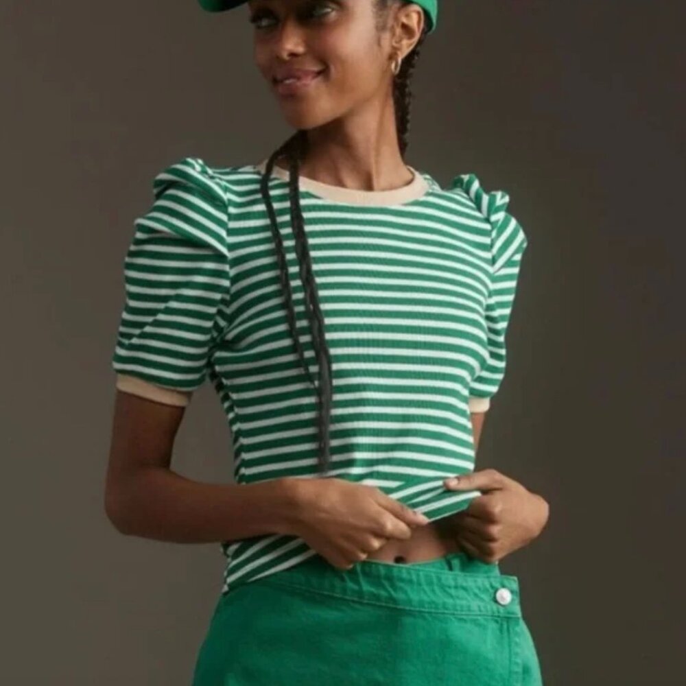 Maeve by Anthropologie Ribbed Green & White w/Tan Trim Puff Sleeve Tee NWT Med
